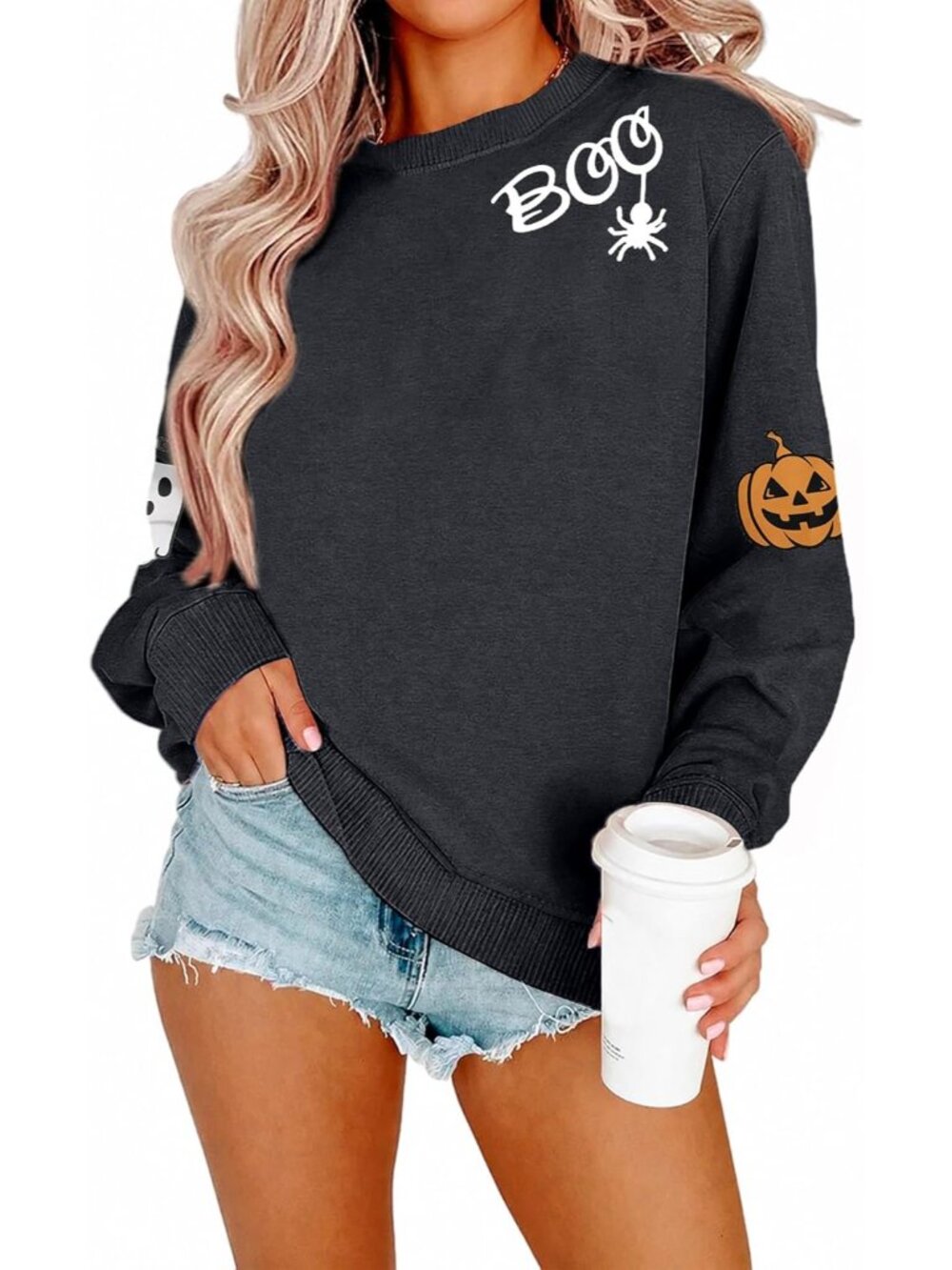 🆕 Women's Black Boo Spider Pumpkin Ghost Sleeve Crewneck Halloween Sweatshirt